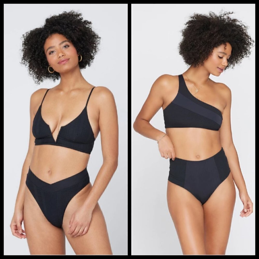 💕L*SPACE💕 Ribbed Bikini Set (Siren Top M + Jackie Bitsy Bottom L) Black NWT
